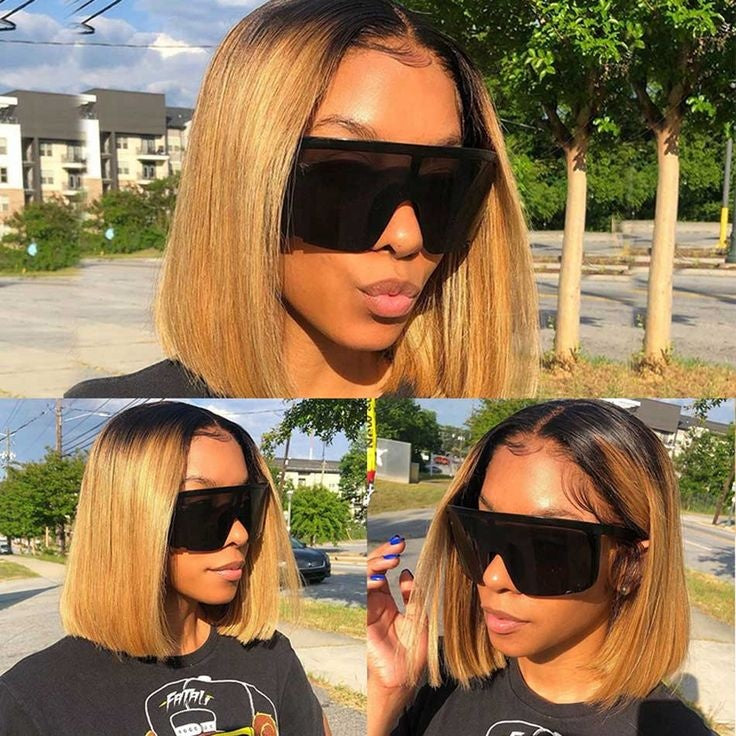Ronashow Dark Roots Ombre Honey Blonde Straight 13x4 Lace Human Hair Wigs Bob Lace Frontal Wigs