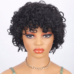Ronashow Glueless Wig Short Curly Wig With Bangs Easy To Go Human Hair No Lace