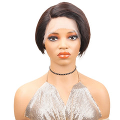 Ronashow Pixie Short Straight Wig Side Part 13*4*1 Lace Front Natural Black L Part Human Hair 8 Inch