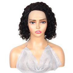 Ronashow Short Curly Bob Wig Natural Black 13*5*1 Lace Front L Part Human Hair 12 Inch