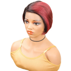 Ronashow Pixie Short Straight Wig Dark Roots 1B/99J Reddish Side Part 13*4*1 Lace Front L Part Human Hair 8 Inch