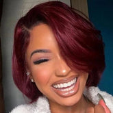 Ronashow Pixie Short Straight Wig Dark Roots 1B/99J Reddish Side Part 13*4*1 Lace Front L Part Human Hair 8 Inch