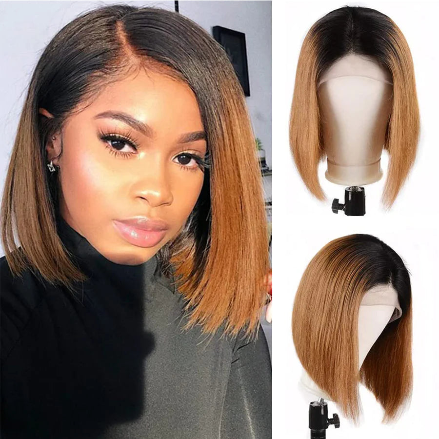 Ronashow Dark Roots Ombre Brown Color Straight Bob Lace Front Wigs 13X4 Bob Lace Frontal Human Hair Wigs
