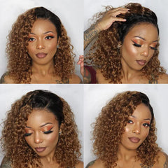 Ronashow 13x4 Lace Frontal Bob Curly Wigs Dark Roots Ombre Color 1B/30 Remy Human Hair Wigs