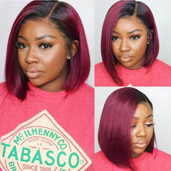 Ronashow Dark Roots Color 1B/99J Bob 13x4 Lace Frontal Wigs Ombre Color Straight Wig Remy Human Hair