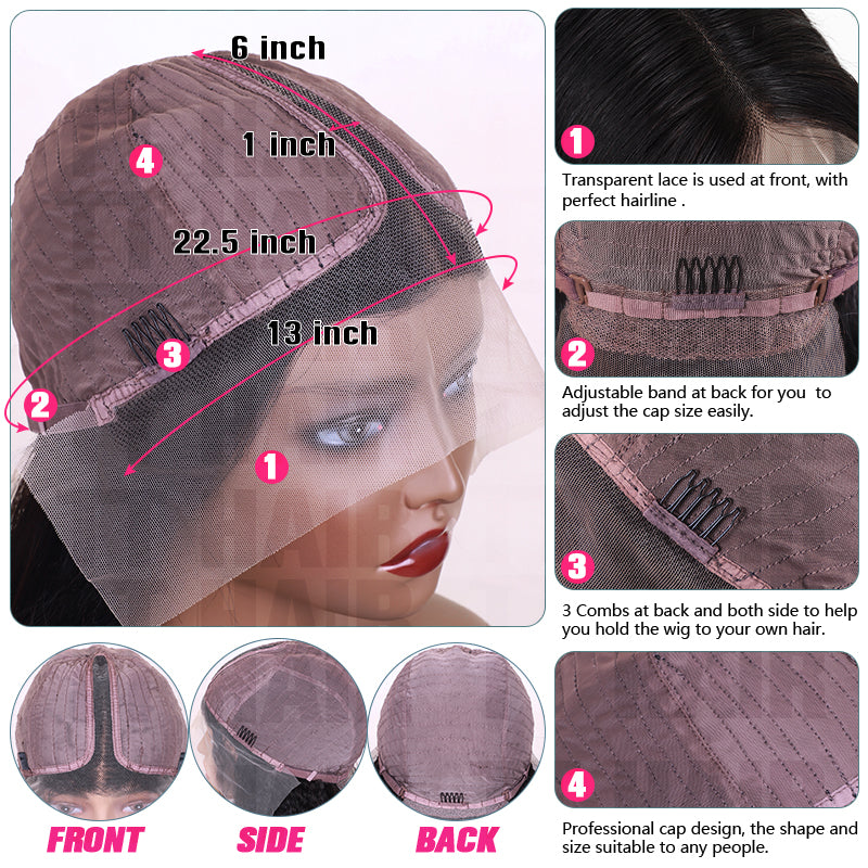 Ronashow Kinky Straight Natural Color 13*6*1 T part Transparent Lace Front Human Hair Wigs