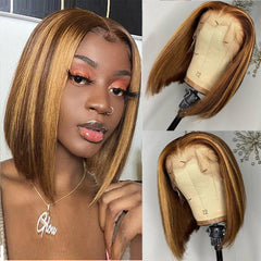 Ronashow Highlight Human Hair Bob Wig Ombre 4/27 Color 13*4 Lace Frontal Wig