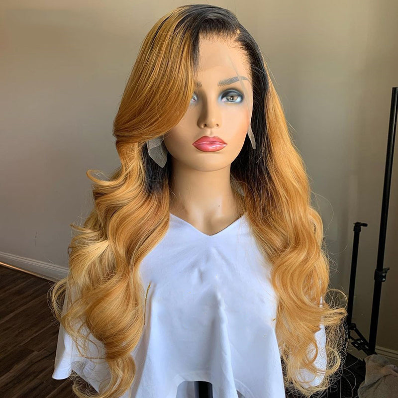 Ronashow Dark Roots 1B/27  Ombre Color Body Wave 13*4 Lace Frontal Wig