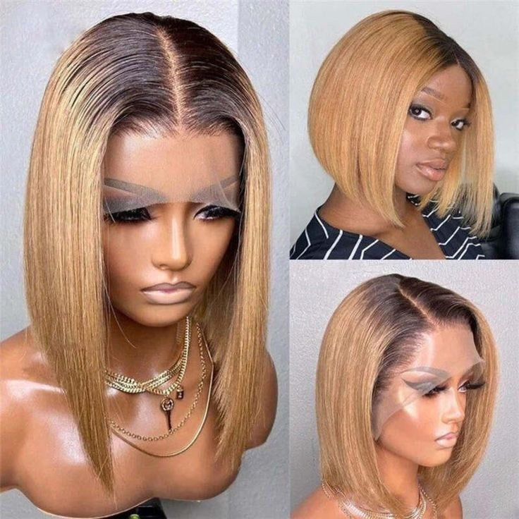 Ronashow Dark Roots Ombre Honey Blonde Straight 13x4 Lace Human Hair Wigs Bob Lace Frontal Wigs