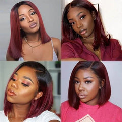 Ronashow Burgundy Bob Wig Dark Roots 1B/99J Human Hair 4x4 Pre-Cut Lace Closure No Glue Wig