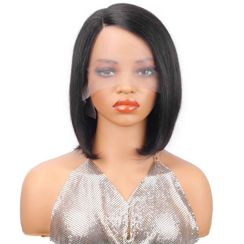 Ronashow Short Straight Bob Wig Side Part Natural Black 13*5*1 Lace Front L Part Human Hair