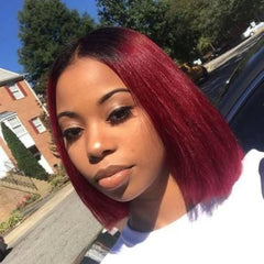 Ronashow Dark Roots Color 1B/99J Bob 13x4 Lace Frontal Wigs Ombre Burgundy Straight Wig Remy Human Hair