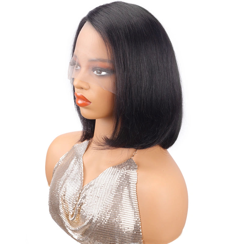 Ronashow Short Straight Bob Wig Side Part Natural Black 13*5*1 Lace Front L Part Human Hair