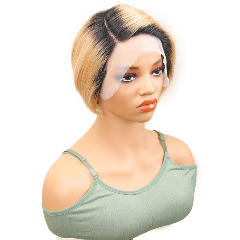 Ronashow Pixie Straight Wig Dark Roots Blonde L Side Part 13*4*1 Lace Frontal Wig Human Hair 8 Inch