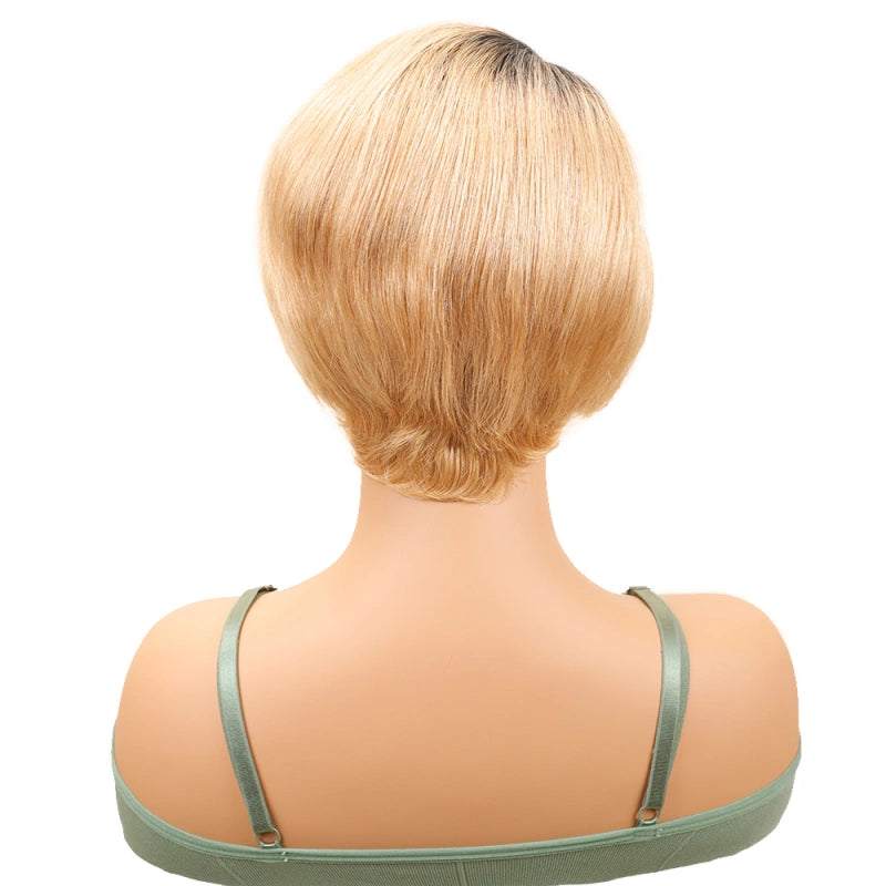 Ronashow Pixie Straight Wig Dark Roots Blonde L Side Part 13*4*1 Lace Frontal Wig Human Hair 8 Inch