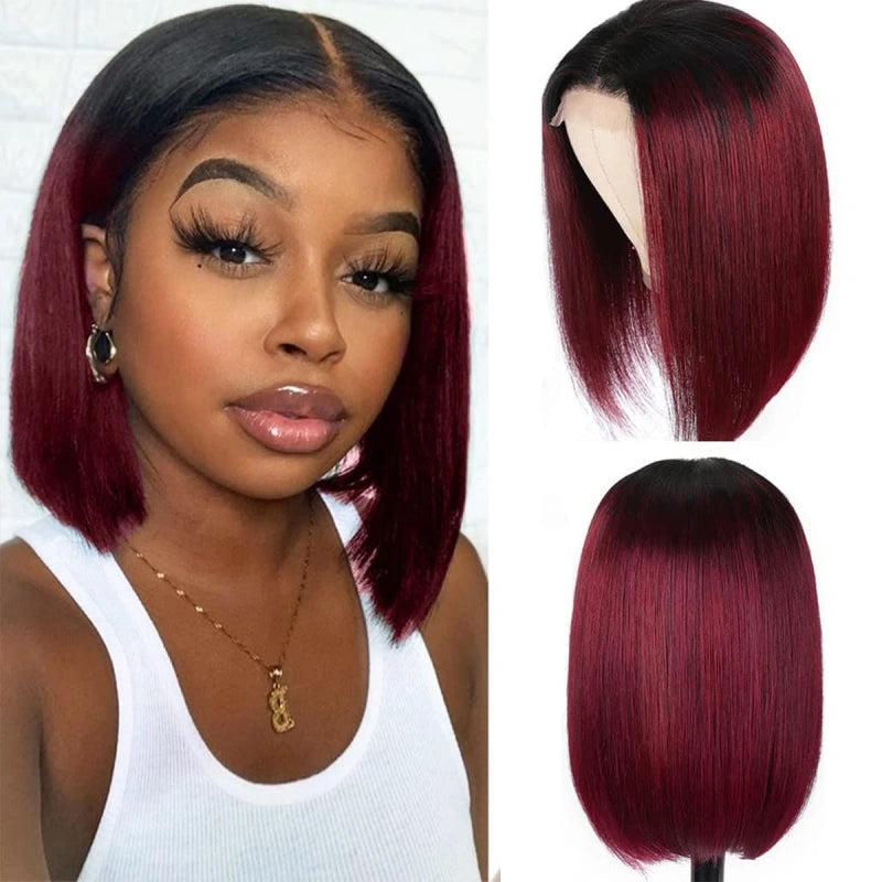 Ronashow Burgundy Bob Wig Dark Roots 1B/99J Human Hair 4x4 Pre-Cut Lace Closure No Glue Wig