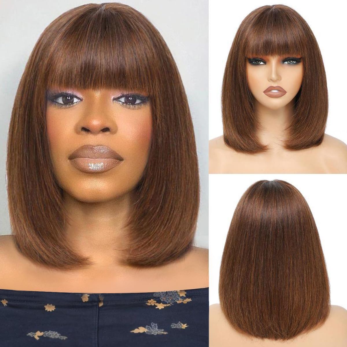 Ronashow Straight Bob Wig with Bangs Human Hair Protective Wig Glueless Bob Wig with Natural Color Brown Color Ready to Go Short Wigs For Women