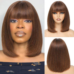 Ronashow Straight Bob Wig with Bangs Human Hair Protective Wig Glueless Bob Wig with Natural Color Brown Color Ready to Go Short Wigs For Women