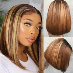 Ronashow Ombre Brown Highlight Bob Wigs P4/27 4x4 Glueless Lace Closure Bob Wig