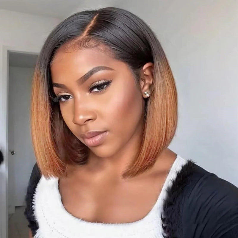 Ronashow Ombre Bob Wig Human Hair Dark Roots 1B/30 4*4 Glueless Lace Closure Wig