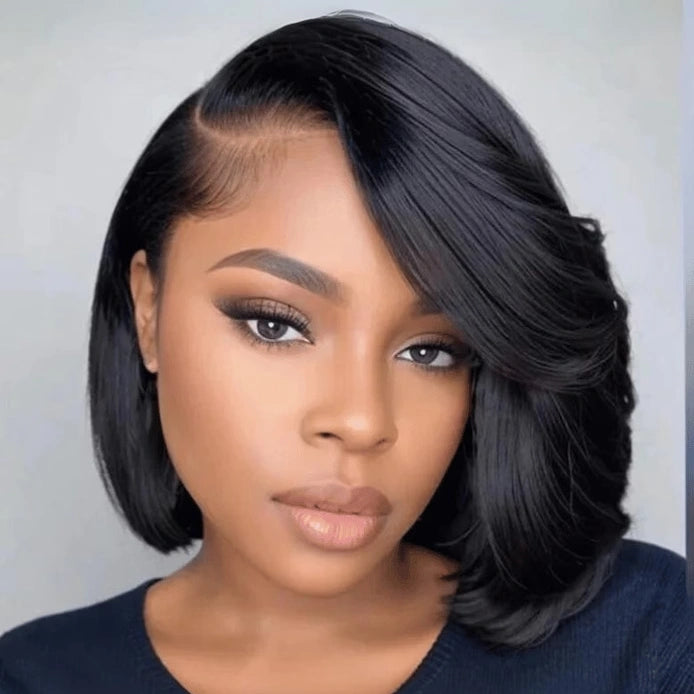 Ronashow Short Straight Bob Wig Side Part Natural Black 13*5*1 Lace Front L Part Human Hair