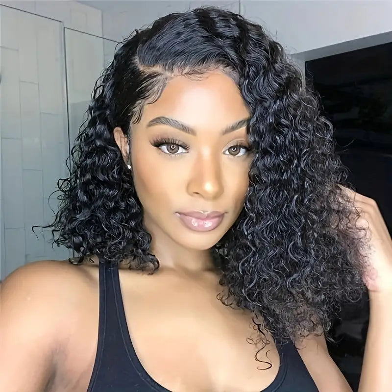 Ronashow Short Curly Bob Wig Natural Black 13*5*1 Lace Front L Part Human Hair 12 Inch