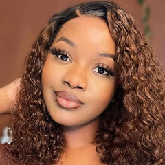 Ronashow 13x4 Lace Frontal Bob Curly Wigs Dark Roots Ombre Color 1B/30 Remy Human Hair Wigs