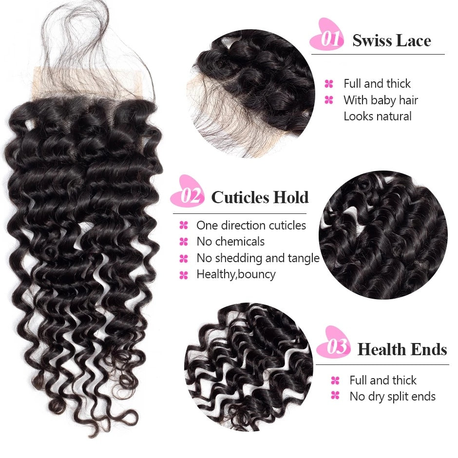 Deep Curly Remy Human Hair 3Pcs Bundles With 4*4 Lace Closure