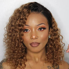 Ronashow 13x4 Lace Frontal Bob Curly Wigs Dark Roots Ombre Color 1B/30 Remy Human Hair Wigs