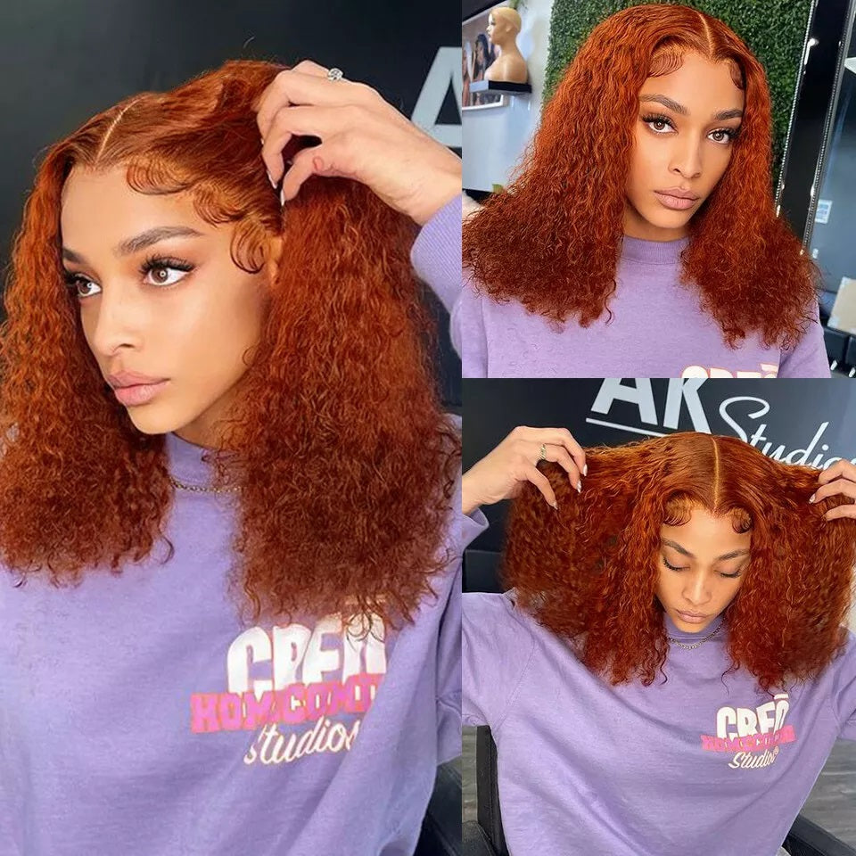 Ronashow Ginger Orange Curly Bob Wigs 13*6*1 T part Transparent Lace Wig Short Bob Curly Human Hair Wigs