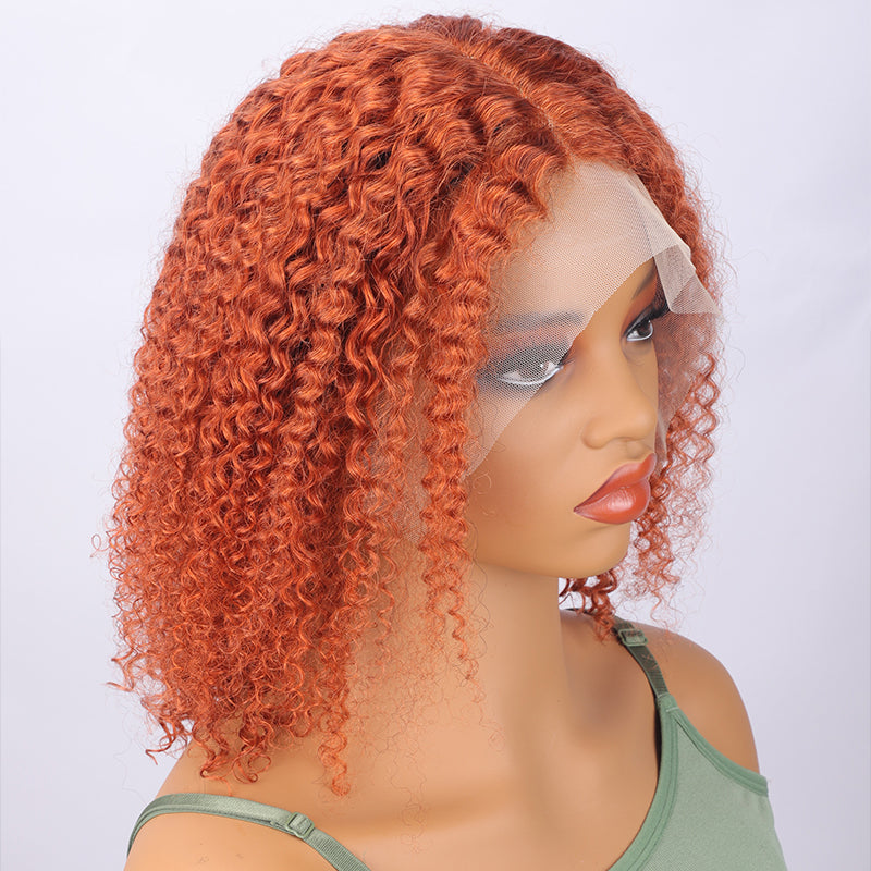 Ronashow Ginger Orange Curly Bob Wigs 13*6*1 T part Transparent Lace Wig Short Bob Curly Human Hair Wigs