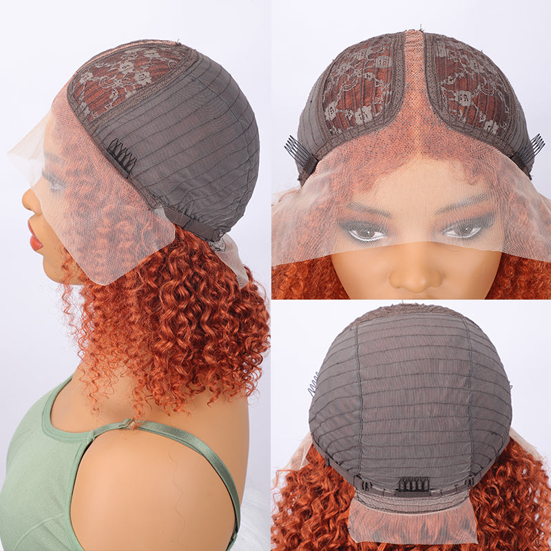 Ronashow Ginger Orange Curly Bob Wigs 13*6*1 T part Transparent Lace Wig Short Bob Curly Human Hair Wigs