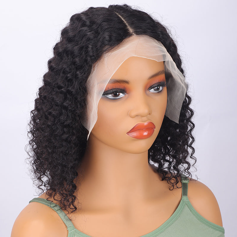 Ronashow Short Bob Deep Wave 13*6*1 T part Wig Transparent Lace Front Human Hair Wigs Natural Color