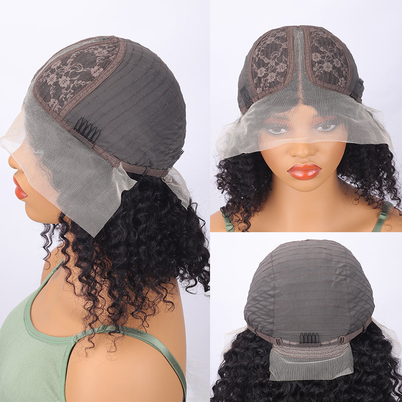 Ronashow Short Bob Deep Wave 13*6*1 T part Wig Transparent Lace Front Human Hair Wigs Natural Color