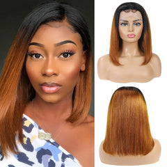 Ronashow Dark Roots Ombre Brown Color Straight Bob Lace Front Wigs 13X4 Bob Lace Frontal Human Hair Wigs