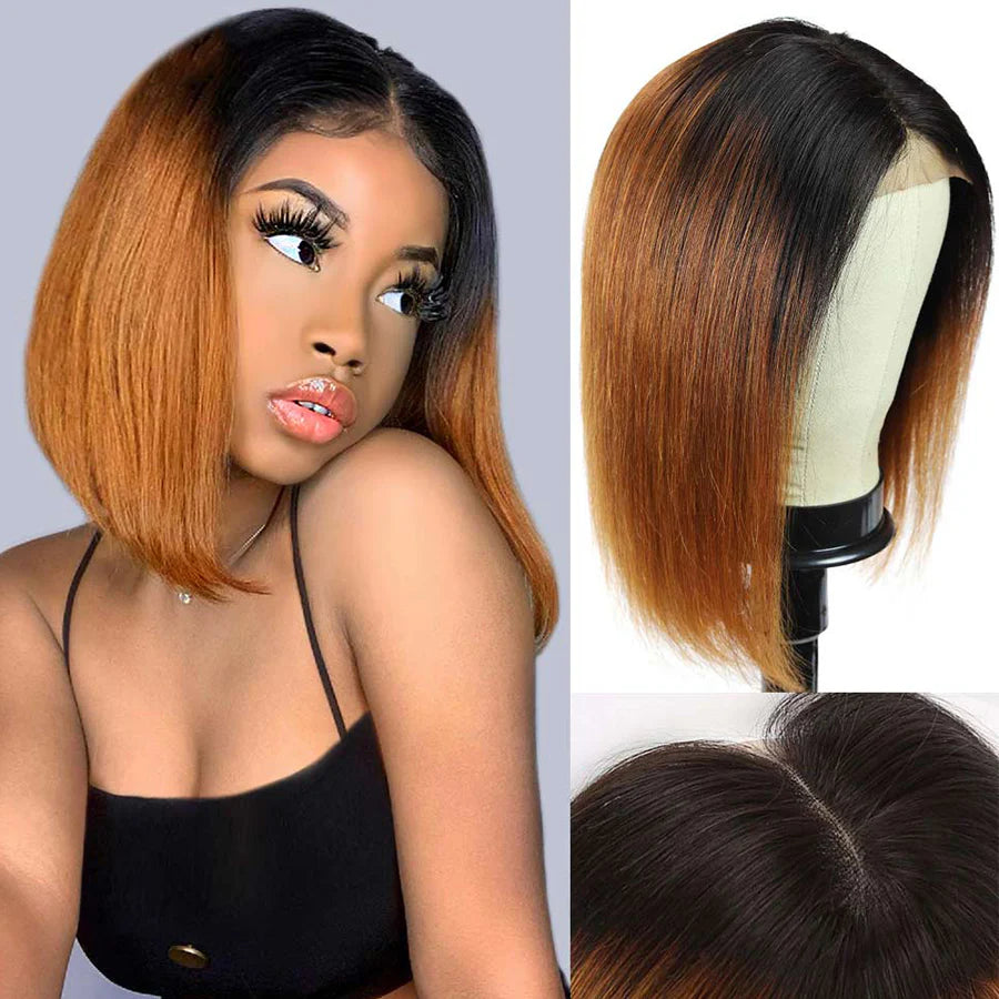 Ronashow Ombre Bob Wig Human Hair Dark Roots 1B/30 4*4 Glueless Lace Closure Wig