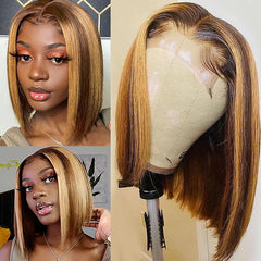 Ronashow Ombre Brown Highlight Bob Wigs P4/27 4x4 Glueless Lace Closure Bob Wig