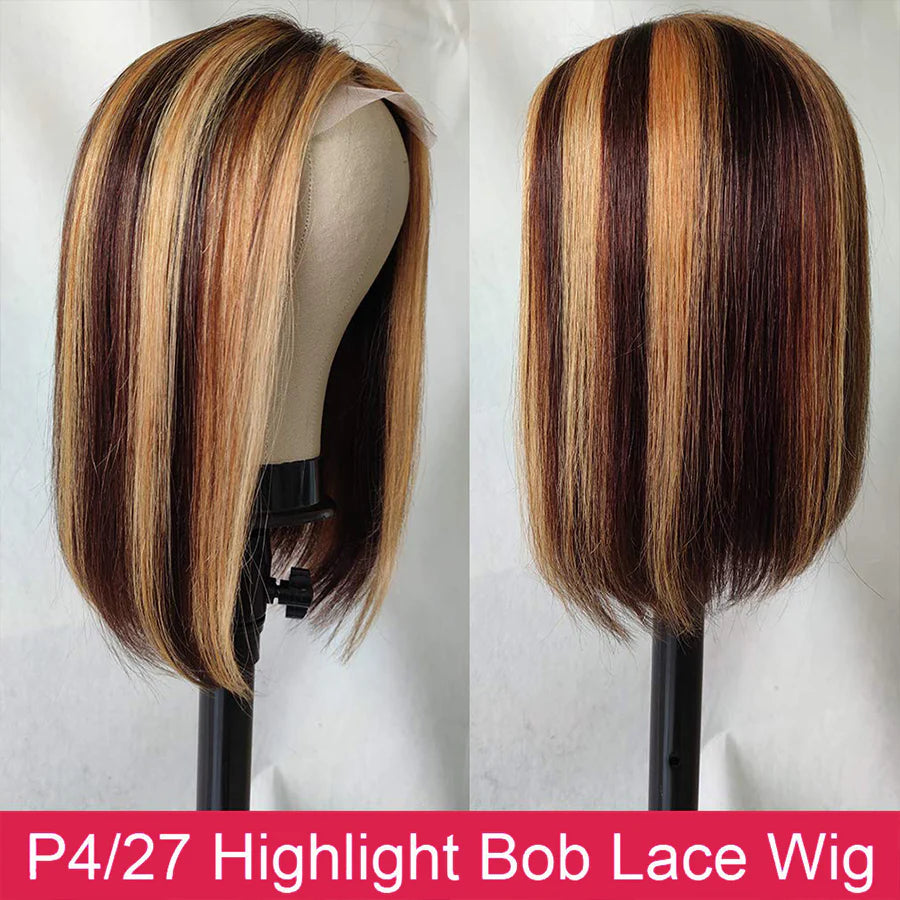 Ronashow Ombre Brown Highlight Bob Wigs P4/27 4x4 Glueless Lace Closure Bob Wig