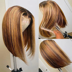 Ronashow Ombre Brown Highlight Bob Wigs P4/27 4x4 Glueless Lace Closure Bob Wig