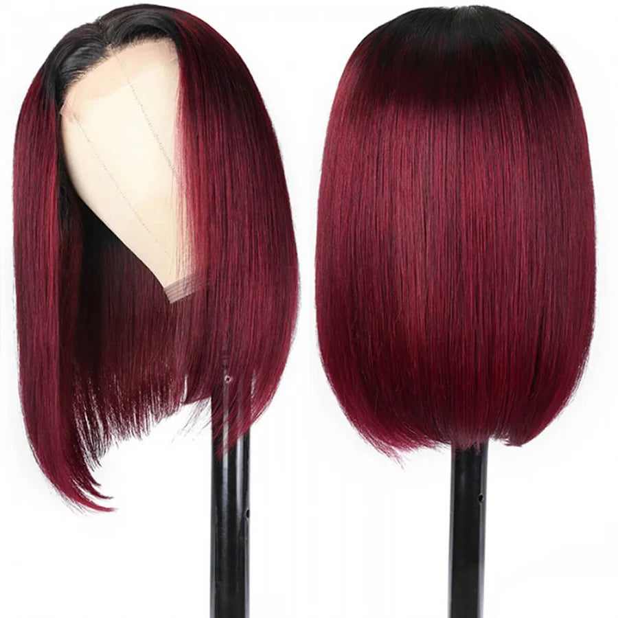 Ronashow Burgundy Bob Wig Dark Roots 1B/99J Human Hair 4x4 Pre-Cut Lace Closure No Glue Wig