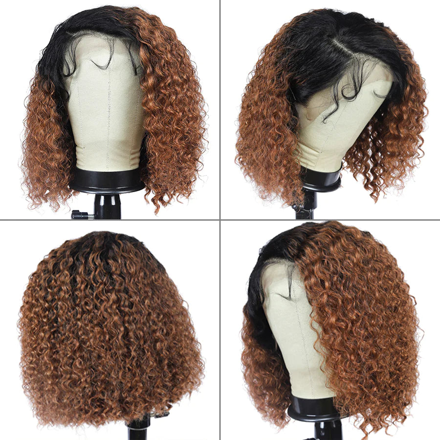 Ronashow 13x4 Lace Frontal Bob Curly Wigs Dark Roots Ombre Color 1B/30 Remy Human Hair Wigs