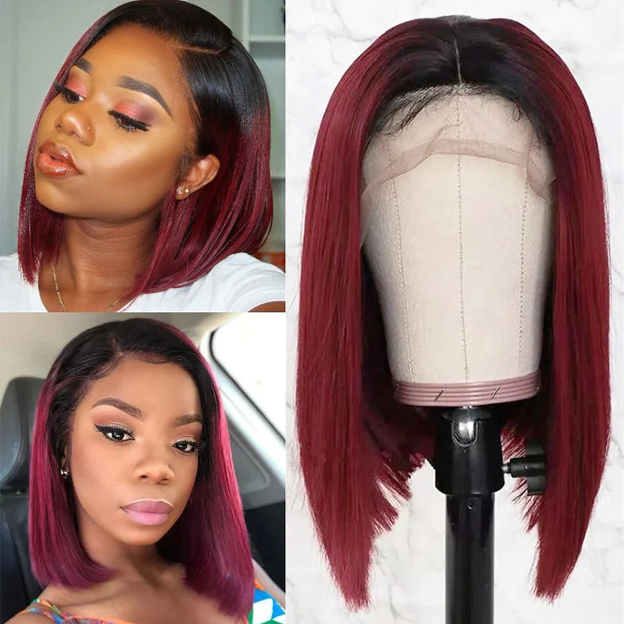 Ronashow Dark Roots Color 1B/99J Bob 13x4 Lace Frontal Wigs Ombre Burgundy Straight Wig Remy Human Hair