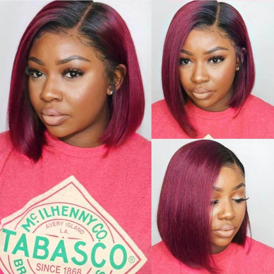 Ronashow Dark Roots Color 1B/99J Bob 13x4 Lace Frontal Wigs Ombre Burgundy Straight Wig Remy Human Hair