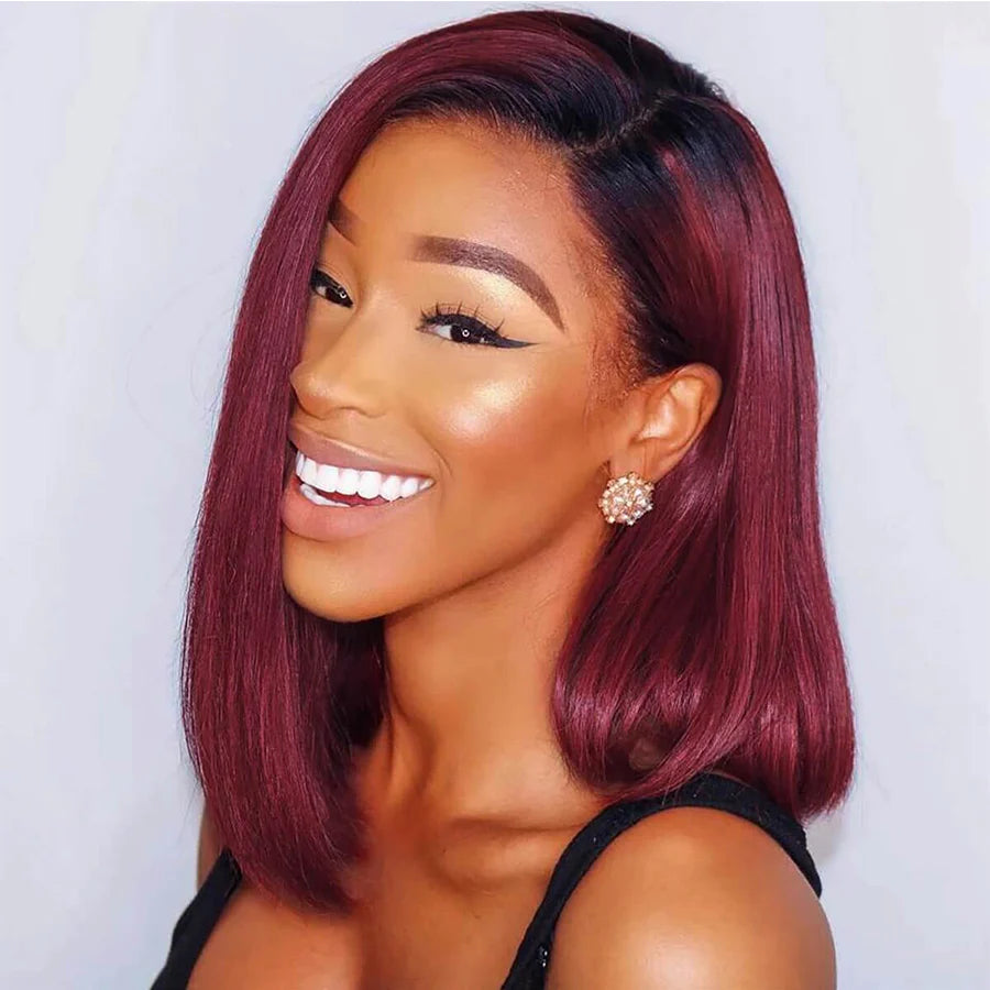 Ronashow Dark Roots Color 1B/99J Bob 13x4 Lace Frontal Wigs Ombre Burgundy Straight Wig Remy Human Hair