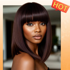 Ronashow Straight Bob Wig with Bangs Human Hair Protective Wig Glueless Bob Wig with Natural Color Brown Color Ready to Go Short Wigs For Women