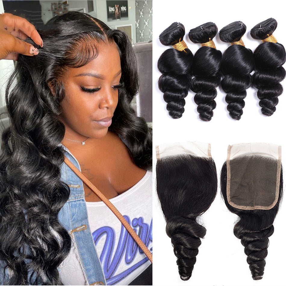 Loose Wave Natural Color Remy Human Hair 4 Bundles With 4*4 Lace Closure