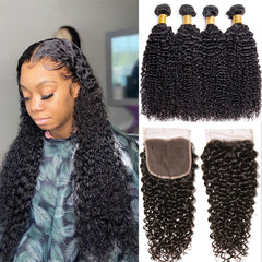 Kinky Curly Natural Color Remy Human Hair 4 Bundles With 4*4 Lace Closure