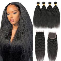 Kinky Straight Remy Human Hair 4 Bundles With 4*4 Lace Closure Natural Color