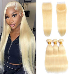 Blonde Color 3 Bundles With 4*4  Lace Closure Straight Remy Human Hair