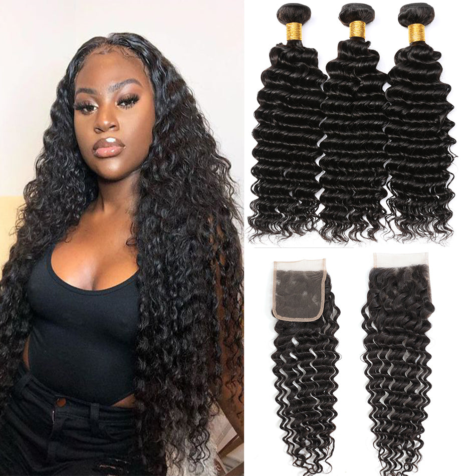 3Pcs Bundles With 4*4 Lace Closure Deep Wave